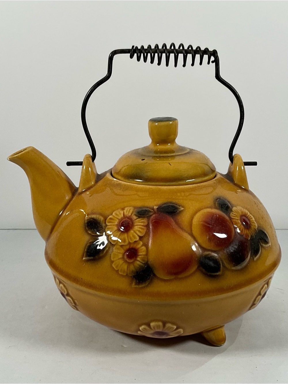 Vintage 50s Yellow Fruit & Flowers Teapot With Lid And Handle